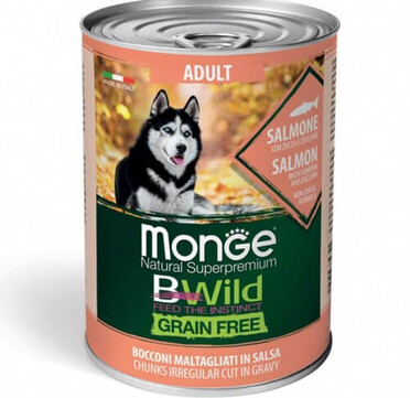Monge BWild Grain Free with Salmon&Pumpkin – Консерва за израстнали кучета със сьомга, тиква и тиквички.
