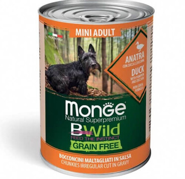 Monge BWild Grain Free Mini with Duck&Pumpkin – Консерва за израстнали кучета от мини породи с патица, тиква и тиквички.