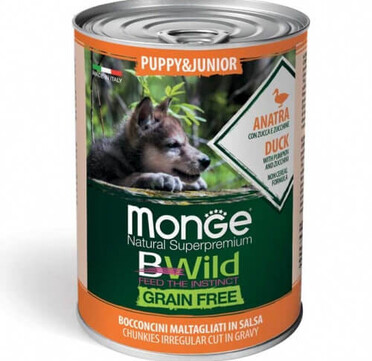 Monge BWild Grain Free Puppy with Duck&Pumpkin – Консерва за подрастващи кучета с патица, тиква и тиквички. Без зърнени храни.