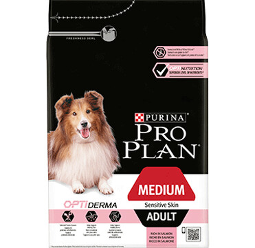 PURINA® PRO PLAN® Medium Adult Sensitive Skin с OPTIDERMA®, богата на сьомга - 3кг