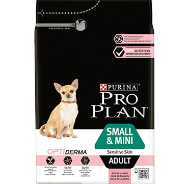 PURINA® PRO PLAN® Small & Mini Adult Sensitive Skin с OPTIDERMA®, богата на сьомга